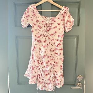 Moonsea Pink Floral Ruched Mini Dress